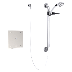 DELTA 860T158 COMMERCIAL PUSH BUTTON HARDWIRE METERING ELECTRONIC SHOWER SYSTEM WITH 10 INCH CONTROL BOX THERMOSTATIC MIXING VALVE AND PERSONAL HAND SHOWER - CHROME