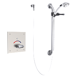 DELTA 860T157 COMMERCIAL PUSH BUTTON HARDWIRE METERING ELECTRONIC SHOWER SYSTEM WITH 10 INCH CONTROL BOX PRESSURE BALANCING MIXING VALVE AND PERSONAL HAND SHOWER - CHROME