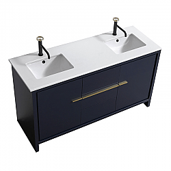 KUBEBATH AD660DBLUE DOLCE 60 INCH DOUBLE SINK MODERN BATHROOM VANITY IN BLUE WITH WHITE QUARTZ COUNTER-TOP