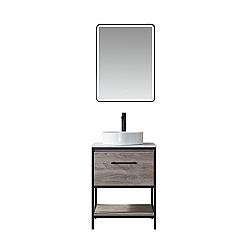 VINNOVA 701324-MXO-GW PALMA 24 INCH  VANITY IN MOXICAN OAK WITH WHITE COMPOSITE GRAIN STONE COUNTERTOP AND VESSEL SINK WITH MIRROR