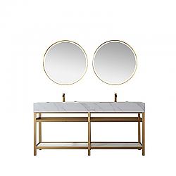 VINNOVA 701172-BG-SMB ALICANTE 72 INCH  VANITY WITH BRUSHED-GOLD STAINLESS STEEL BRACKET MATCH WITH SNOW MOUNTAIN-WHITE STONE COUNTERTOP WITH MIRROR