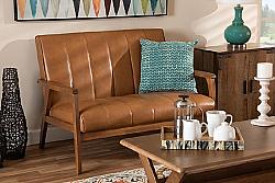 BAXTON STUDIO BBT8011A2-TAN LOVESEAT NIKKO 45 1/8 INCH MID-CENTURY MODERN FAUX LEATHER UPHOLSTERED AND WOOD LOVESEAT - TAN AND WALNUT BROWN