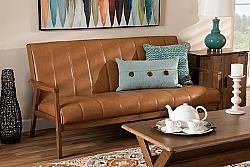 BAXTON STUDIO BBT8011A2-TAN SOFA NIKKO 64 INCH MID-CENTURY MODERN FAUX LEATHER UPHOLSTERED AND WOOD SOFA - TAN AND WALNUT BROWN