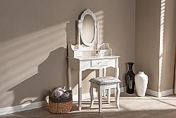 BAXTON STUDIO WF18-WHITE-VANITY VERONIQUE 29 1/2 INCH TRADITIONAL FRENCH PROVINCIAL WOOD TWO PIECE VANITY TABLE WITH MIRROR AND OTTOMAN - WHITE