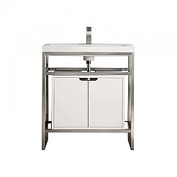 JAMES MARTIN C105V31.5BNKSCGWWG BOSTON 31.5 INCH STAINLESS STEEL SINK CONSOLE IN BRUSHED NICKEL WITH GLOSSY WHITE STORAGE CABINET IN WHITE GLOSSY COMPOSITE COUNTERTOP