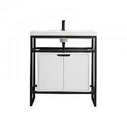 JAMES MARTIN C105V31.5MBKSCGWWG BOSTON 31.5 INCH STAINLESS STEEL SINK CONSOLE IN MATTE BLACK WITH GLOSSY WHITE STORAGE CABINET IN WHITE GLOSSY COMPOSITE COUNTERTOP