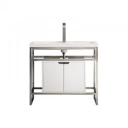 JAMES MARTIN C105V39.5BNKSCGWWG BOSTON 39.5 INCH STAINLESS STEEL SINK CONSOLE IN BRUSHED NICKEL WITH GLOSSY WHITE STORAGE CABINET IN WHITE GLOSSY COMPOSITE COUNTERTOP