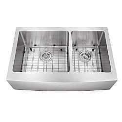 CAHABA CA231232 33 INCH 16 GAUGE STAINLESS STEEL APRON FRONT 60/40 KITCHEN SINK WITH GRID SET AND DRAIN ASSEMBLIES