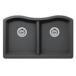 CAHABA CA3241E33-G 32-1/2 INCH QUARTZ 50/50 DOUBLE BOWL KITCHEN SINK IN GRAY WITH TWIST AND LOCK STRAINER