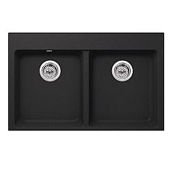 CAHABA CA344133-B 33 INCH QUARTZ 50/50 DOUBLE BOWL KITCHEN SINK IN ONYX BLACK WITH TWIST AND LOCK STRAINER
