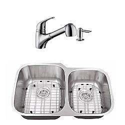 CAHABA CASC0001 32 INCH 18 GAUGE STAINLESS STEEL DOUBLE BOWL 60/40 KITCHEN SINK WITH LOW PROFILE PULL OUT KITCHEN FAUCET AND SOAP DISPENSER