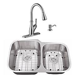 CAHABA CASC0003 32 INCH 18 GAUGE STAINLESS STEEL DOUBLE BOWL 60/40 KITCHEN SINK WITH GOOSENECK PULL OUT KITCHEN FAUCET AND SOAP DISPENSER