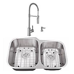 CAHABA CASC0004 32 INCH 18 GAUGE STAINLESS STEEL DOUBLE BOWL 60/40 KITCHEN SINK WITH PULL DOWN INDUSTRIAL STYLE KITCHEN FAUCET AND SOAP DISPENSER