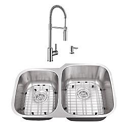 CAHABA CASC0008 32 INCH 18 GAUGE STAINLESS STEEL DOUBLE BOWL 40/60 KITCHEN SINK WITH PULL DOWN INDUSTRIAL STYLE KITCHEN FAUCET AND SOAP DISPENSER