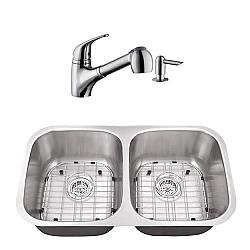 CAHABA CASC0058 32 INCH 16 GAUGE STAINLESS STEEL DOUBLE BOWL 50/50 KITCHEN SINK WITH LOW PROFILE PULL OUT KITCHEN FAUCET AND SOAP DISPENSER