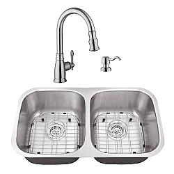 CAHABA CASC0059 32 INCH 16 GAUGE STAINLESS STEEL DOUBLE BOWL 50/50 KITCHEN SINK WITH GOOSENECK PULL OUT KITCHEN FAUCET AND SOAP DISPENSER