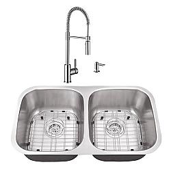 CAHABA CASC0061 32 INCH 16 GAUGE STAINLESS STEEL DOUBLE BOWL 50/50 KITCHEN SINK WITH PULL DOWN INDUSTRIAL STYLE KITCHEN FAUCET AND SOAP DISPENSER