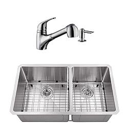 CAHABA CASC0074 32 INCH 16 GAUGE STAINLESS STEEL HANDMADE 60/40 KITCHEN SINK WITH LOW PROFILE PULL OUT KITCHEN FAUCET AND SOAP DISPENSER