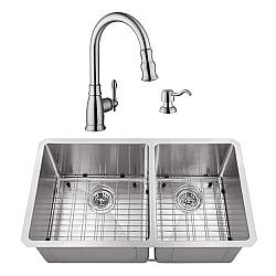 CAHABA CASC0075 32 INCH 16 GAUGE STAINLESS STEEL HANDMADE 60/40 KITCHEN SINK WITH GOOSENECK PULL OUT KITCHEN FAUCET AND SOAP DISPENSER
