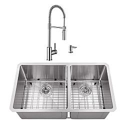 CAHABA CASC0077 32 INCH 16 GAUGE STAINLESS STEEL HANDMADE 60/40 KITCHEN SINK WITH PULL DOWN INDUSTRIAL STYLE KITCHEN FAUCET AND SOAP DISPENSER