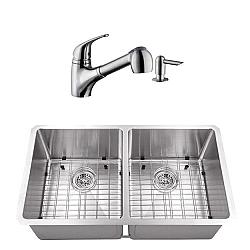 CAHABA CASC0078 32 INCH 16 GAUGE STAINLESS STEEL HANDMADE 50/50 KITCHEN SINK WITH LOW PROFILE PULL OUT KITCHEN FAUCET AND SOAP DISPENSER