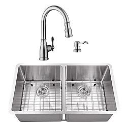 CAHABA CASC0079 32 INCH 16 GAUGE STAINLESS STEEL HANDMADE 50/50 KITCHEN SINK WITH GOOSENECK PULL OUT KITCHEN FAUCET AND SOAP DISPENSER