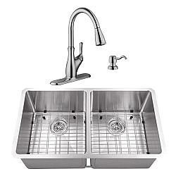 CAHABA CASC0080 32 INCH 16 GAUGE STAINLESS STEEL HANDMADE 50/50 KITCHEN SINK WITH GOOSENECK PULL OUT KITCHEN FAUCET AND SOAP DISPENSER