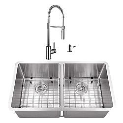 CAHABA CASC0081 32 INCH 16 GAUGE STAINLESS STEEL HANDMADE 50/50 KITCHEN SINK WITH PULL DOWN INDUSTRIAL STYLE KITCHEN FAUCET AND SOAP DISPENSER