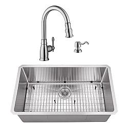 CAHABA CASC0083 32 INCH 16 GAUGE STAINLESS STEEL HANDMADE SINGLE BOWL KITCHEN SINK WITH GOOSENECK PULL OUT KITCHEN FAUCET AND SOAP DISPENSER
