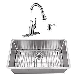 CAHABA CASC0084 32 INCH 16 GAUGE STAINLESS STEEL HANDMADE SINGLE BOWL KITCHEN SINK WITH GOOSENECK PULL OUT KITCHEN FAUCET AND SOAP DISPENSER
