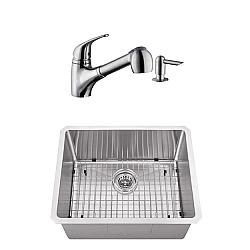 CAHABA CASC0086 23 INCH 16 GAUGE STAINLESS STEEL HANDMADE SINGLE BOWL BAR SINK WITH LOW PROFILE PULL OUT KITCHEN FAUCET AND SOAP DISPENSER