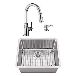 CAHABA CASC0087 23 INCH 16 GAUGE STAINLESS STEEL HANDMADE SINGLE BOWL BAR SINK WITH GOOSENECK PULL OUT KITCHEN FAUCET AND SOAP DISPENSER