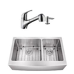 CAHABA CASC0092 33 INCH 16 GAUGE STAINLESS STEEL APRON FRONT 60/40 KITCHEN SINK WITH LOW PROFILE PULL OUT KITCHEN FAUCET AND SOAP DISPENSER