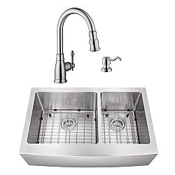 CAHABA CASC0093 33 INCH 16 GAUGE STAINLESS STEEL APRON FRONT 60/40 KITCHEN SINK WITH GOOSENECK PULL OUT KITCHEN FAUCET AND SOAP DISPENSER