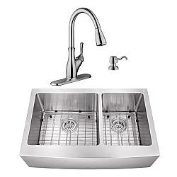 CAHABA CASC0094 33 INCH 16 GAUGE STAINLESS STEEL APRON FRONT 60/40 KITCHEN SINK WITH GOOSENECK PULL OUT KITCHEN FAUCET AND SOAP DISPENSER