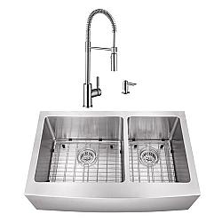 CAHABA CASC0099 36 INCH 16 GAUGE STAINLESS STEEL APRON FRONT DOUBLE BOWL 60/40 KITCHEN SINK WITH PULL DOWN INDUSTRIAL STYLE KITCHEN FAUCET AND SOAP DISPENSER
