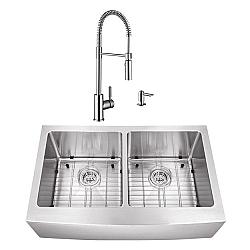 CAHABA CASC0103 33 INCH 16 GAUGE STAINLESS STEEL APRON FRONT FARMHOUSE 50/50 KITCHEN SINK WITH PULL DOWN INDUSTRIAL STYLE KITCHEN FAUCET AND SOAP DISPENSER