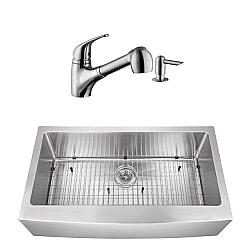 CAHABA CASC0108 36 INCH 16 GAUGE STAINLESS STEEL APRON FRONT SINGLE BOWL KITCHEN SINK WITH LOW PROFILE PULL OUT KITCHEN FAUCET AND SOAP DISPENSER