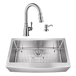CAHABA CASC0109 36 INCH 16 GAUGE STAINLESS STEEL APRON FRONT SINGLE BOWL KITCHEN SINK WITH GOOSENECK PULL OUT KITCHEN FAUCET AND SOAP DISPENSER