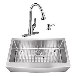 CAHABA CASC0110 36 INCH 16 GAUGE STAINLESS STEEL APRON FRONT SINGLE BOWL KITCHEN SINK WITH GOOSENECK PULL OUT KITCHEN FAUCET AND SOAP DISPENSER