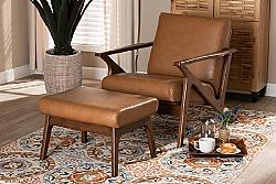 BAXTON STUDIO Bianca-Tan/Walnut Brown-2PC Set BIANCA MID-CENTURY MODERN WOOD AND FAUX LEATHER EFFECT TWO PIECE LOUNGE CHAIR AND OTTOMAN SET - WALNUT BROWN AND TAN