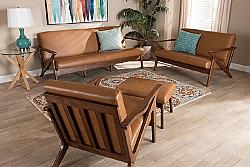 BAXTON STUDIO Bianca-Tan/Walnut Brown-4PC Set BIANCA MID-CENTURY MODERN WOOD AND FAUX LEATHER EFFECT FOUR PIECE LIVING ROOM SET - WALNUT BROWN AND TAN
