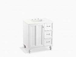 KOHLER K-99517-LGR DAMASK 30 INCH BATHROOM VANITY CABINET WITH FURNITURE LEGS, ONE DOOR AND THREE DRAWERS ON RIGHT