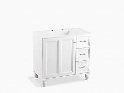 KOHLER K-99520-LGR DAMASK 36 INCH BATHROOM VANITY CABINET WITH FURNITURE LEGS, ONE DOOR AND THREE DRAWERS ON RIGHT