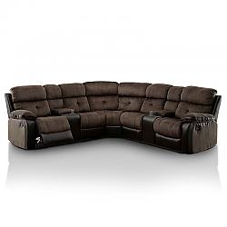 FURNITURE OF AMERICA IDF-6871-SEC ROXAN 111 1/2 INCH TRANSITIONAL CHAMPION FABRIC AND FAUX LEATHER RECLINING SECTIONAL WITH TWO CONSOLES - BROWN AND BLACK