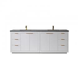 VINNOVA 701584-WH-ALB-NM LEIZA 84 INCH DOUBLE SINK BATH VANITY IN WHITE WITH GREY SINTERED STONE COUNTERTOP