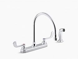 KOHLER K-810T71-5AHA-CP TRITON BOWE 12 INCH THREE HOLE DECK MOUNT WIDESPREAD BATHROOM FAUCET WITH WRISTBLADE LEVER HANDLE AND SIDESPRAY - POLISHED CHROME