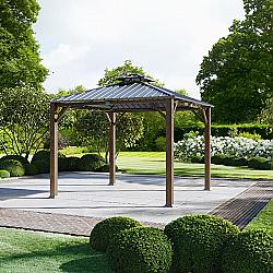 HANOVER HGHLDGAZ-BRN 117 3/8 INCH HYLAND HARD TOP OUTDOOR GAZEBO CANOPY WITH ROOF VENT - DARK BROWN AND FAUX WOOD