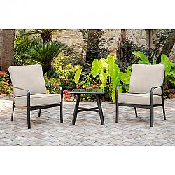 HANOVER CORT3PC-ASH CORTINO 3-PIECE COMMERCIAL-GRADE PATIO SEATING SET WITH 2 CUSHIONED CLUB CHAIRS AND ALUMINUM SLAT TOP SIDE TABLE - CAST ASH AND GUNMETAL