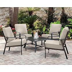 HANOVER CORT5PCCT-ASH CORTINO 5-PIECE COMMERCIAL-GRADE PATIO SEATING SET WITH 4 CUSHIONED CLUB CHAIRS AND ALUMINUM SLAT TOP COFFEE TABLE - CAST ASH AND GUNMETAL